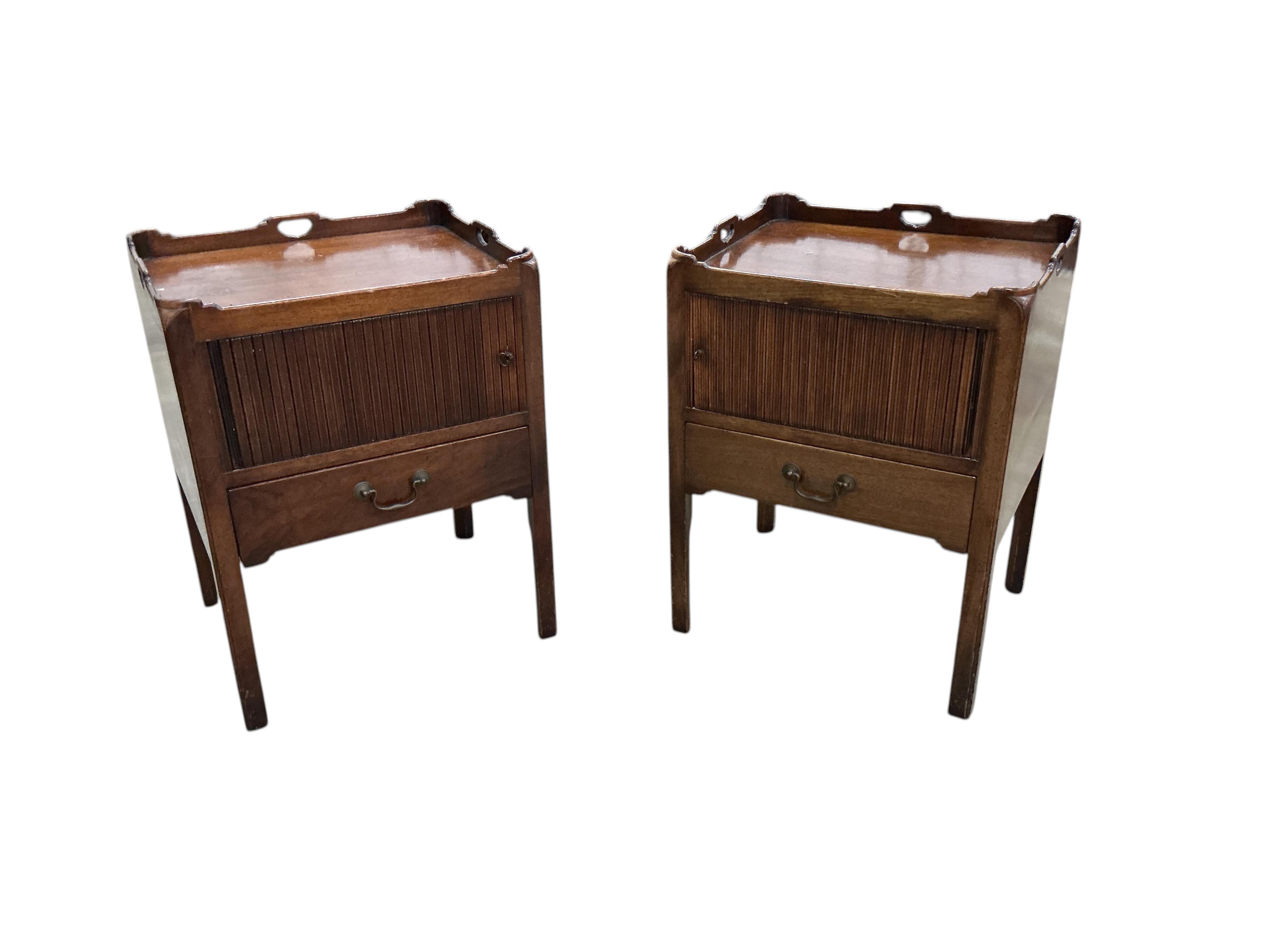 A pair of reproduction George III style tambour tray top bedside cupboards, width 56cm, depth 46cm, height 74cm